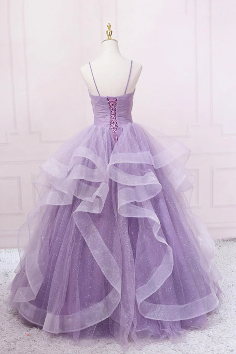 Vestido de fiesta largo de tul morado, corte A, tirantes finos, TP458