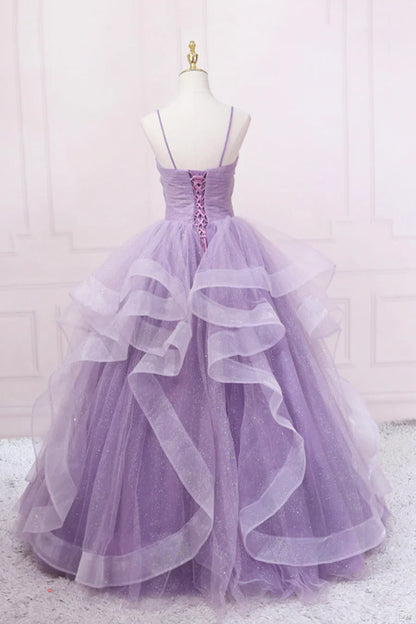 Vestido de fiesta largo de tul morado, corte A, tirantes finos, TP458