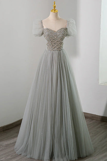 Vestido de fiesta largo de tul gris con cuentas, corte A, manga corta, TP459