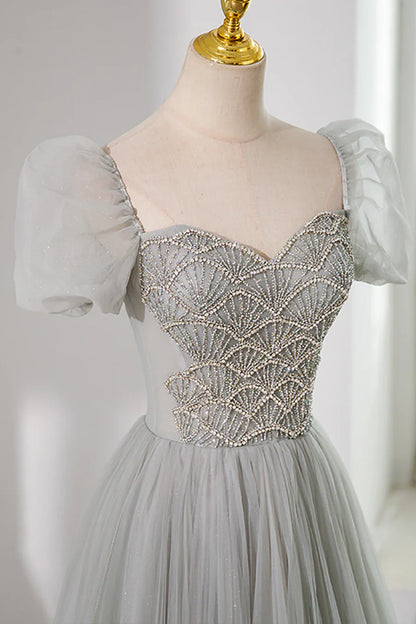 Vestido de fiesta largo de tul gris con cuentas, corte A, manga corta, TP459