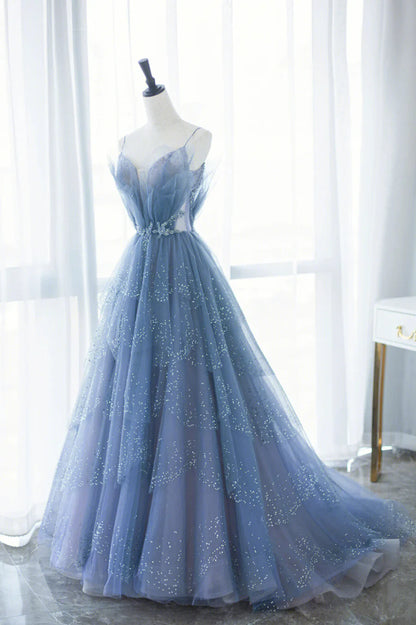 Blue Tulle Long A-Line Prom Dresses, Blue Evening Dresses with Beaded TP460