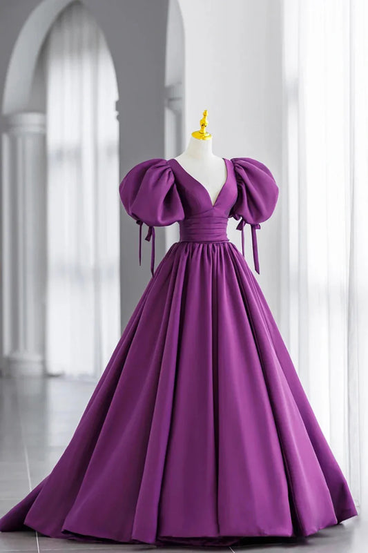 Vestido de fiesta largo de satén morado con mangas abullonadas y escote en V TP461