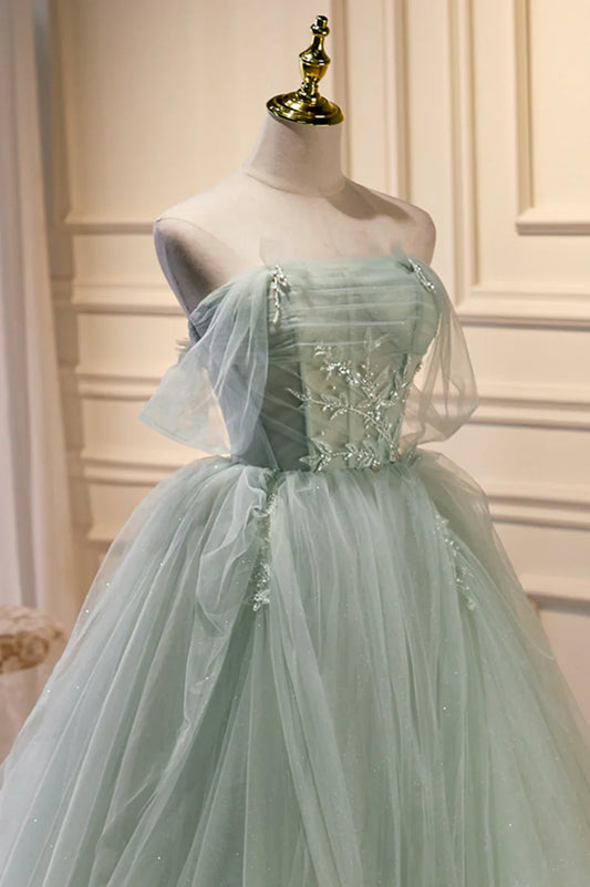 Green Tulle Beaded Ball Gown Off Shoulder Party Dress, Green Sweet 16 Dress TP462