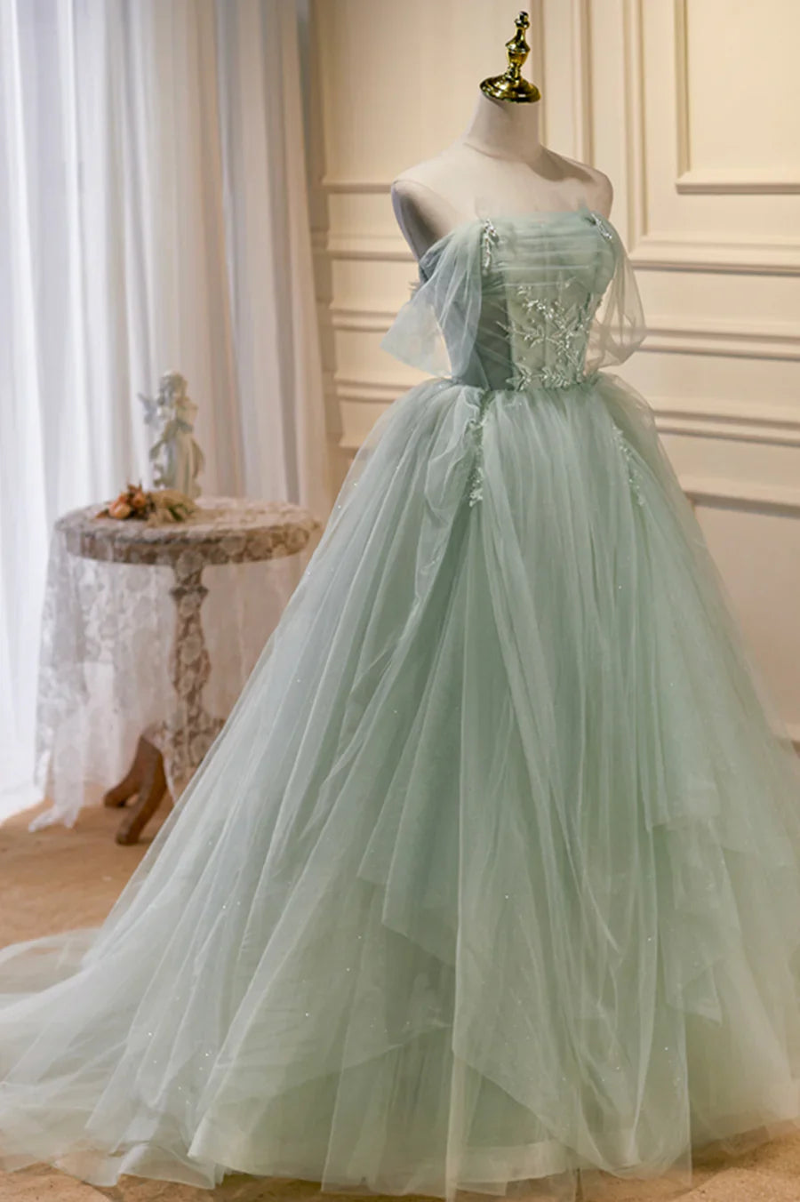 Green Tulle Beaded Ball Gown Off Shoulder Party Dress, Green Sweet 16 Dress TP462