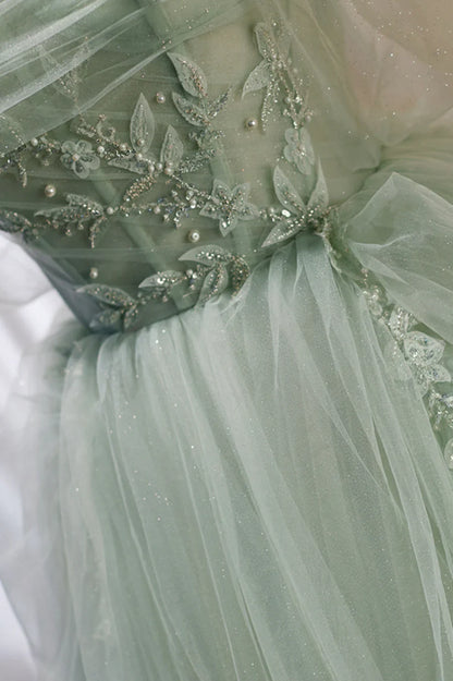 Green Tulle Beaded Ball Gown Off Shoulder Party Dress, Green Sweet 16 Dress TP462