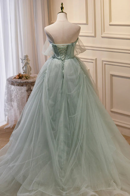 Green Tulle Beaded Ball Gown Off Shoulder Party Dress, Green Sweet 16 Dress TP462