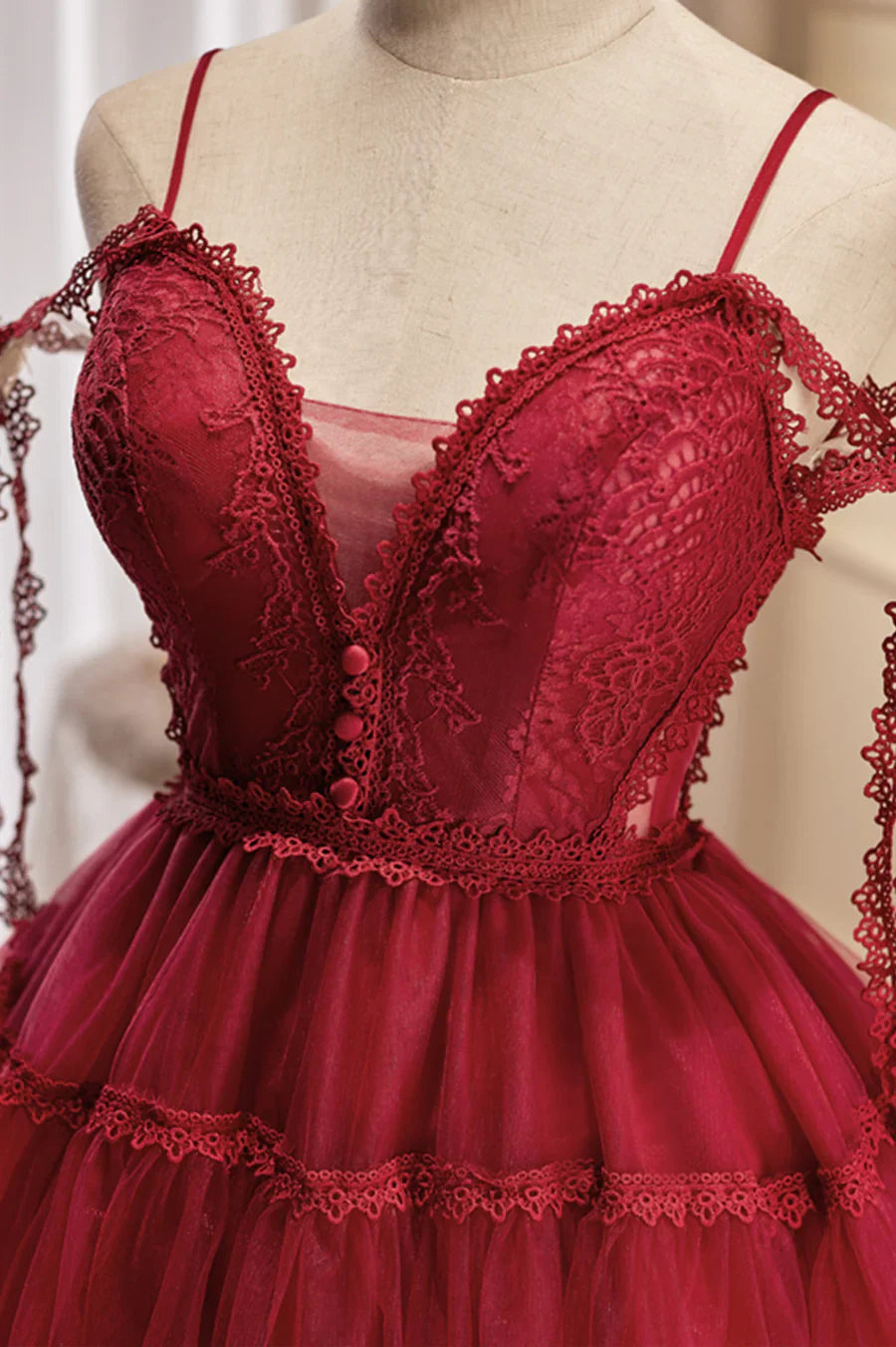 Vestido de fiesta corto de encaje burdeos con corte A, precioso vestido de fiesta con tirantes finos TP463