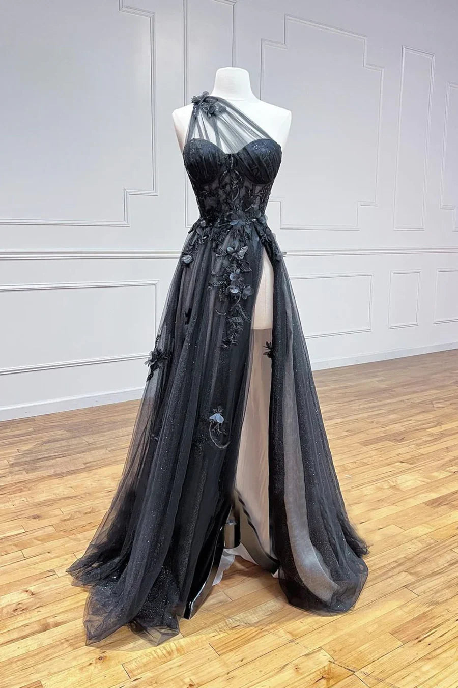 Black Tulle Lace Long Prom Dress, One Shoulder Evening Dress with Slit TP466