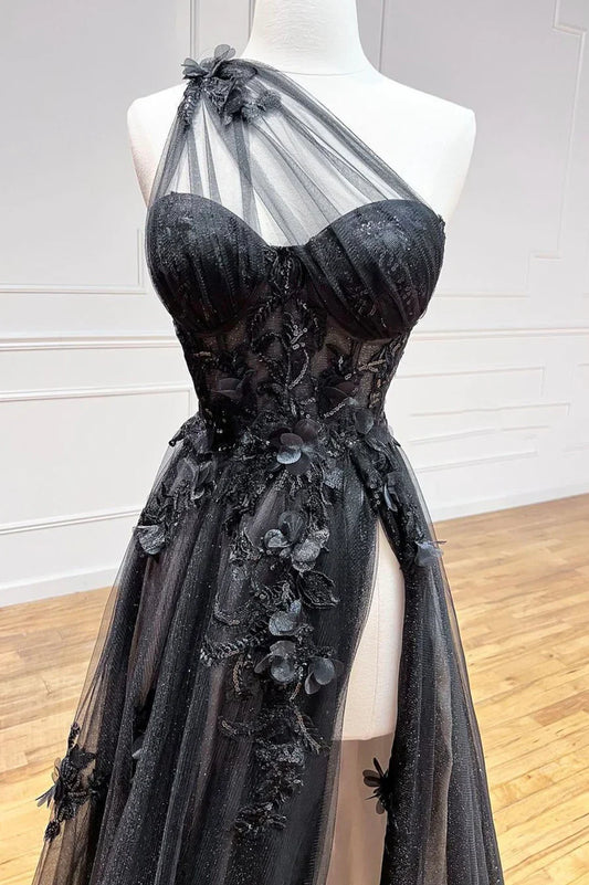 Black Tulle Lace Long Prom Dress, One Shoulder Evening Dress with Slit TP466