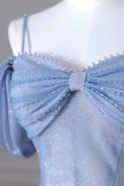 Blue Spaghetti Strap Tulle Floor Length Prom Dress, A-Line Evening Dress TP468
