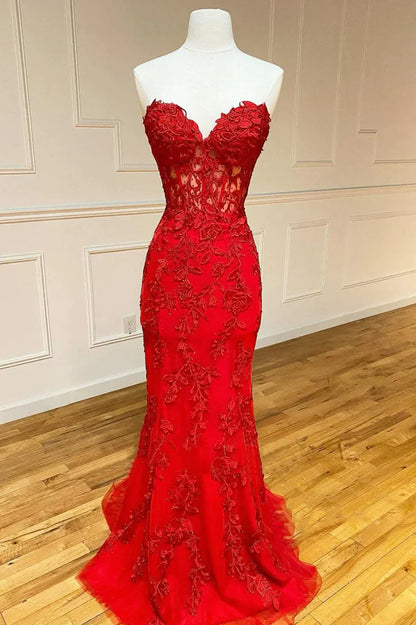 Vestido de fiesta largo de encaje rojo sin tirantes, vestido de noche estilo sirena TP472