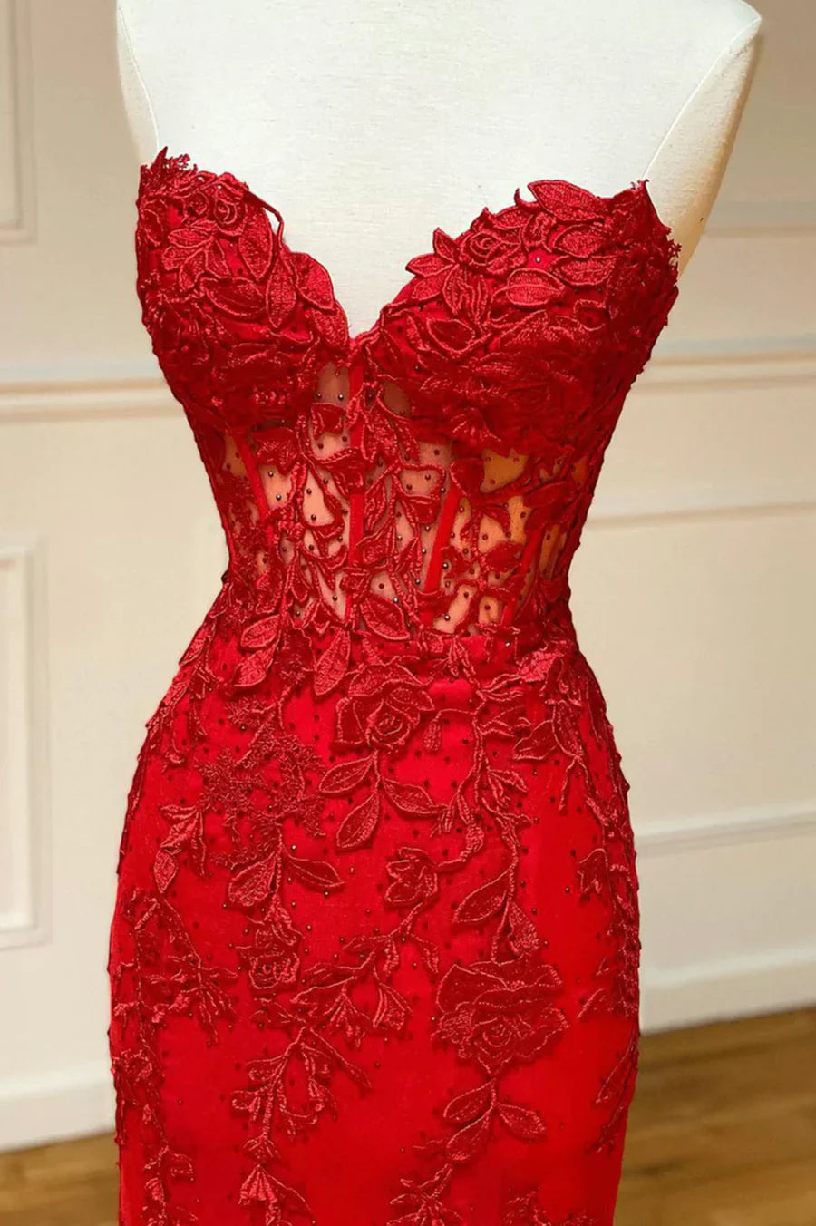 Vestido de fiesta largo de encaje rojo sin tirantes, vestido de noche estilo sirena TP472