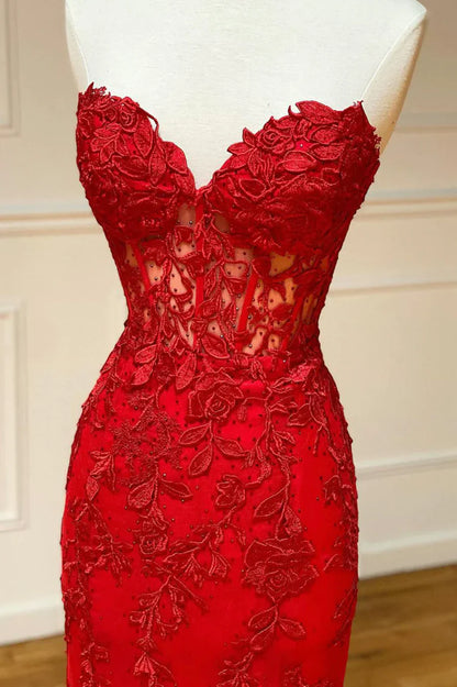 Vestido de fiesta largo de encaje rojo sin tirantes, vestido de noche estilo sirena TP472