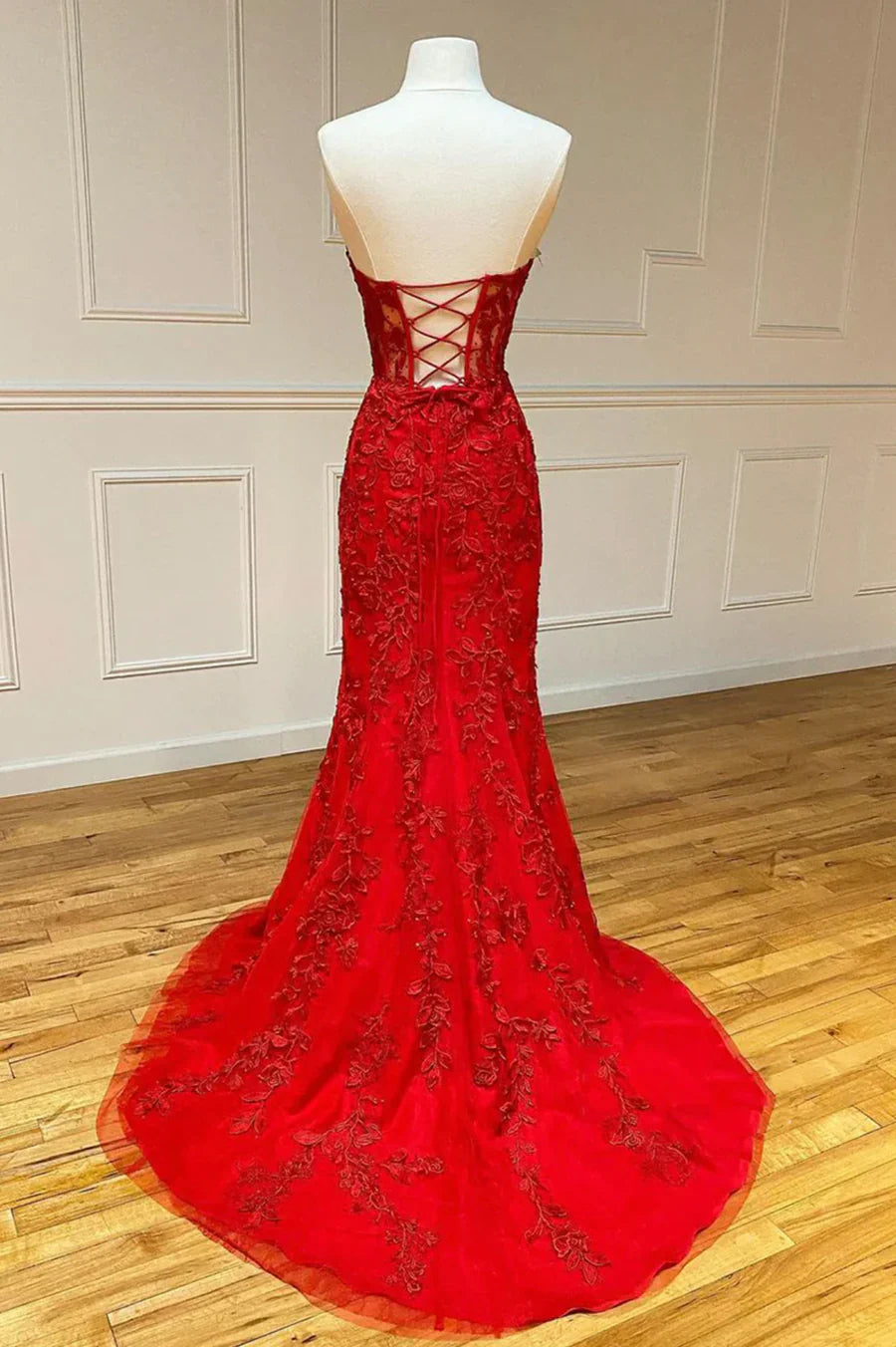 Vestido de fiesta largo de encaje rojo sin tirantes, vestido de noche estilo sirena TP472