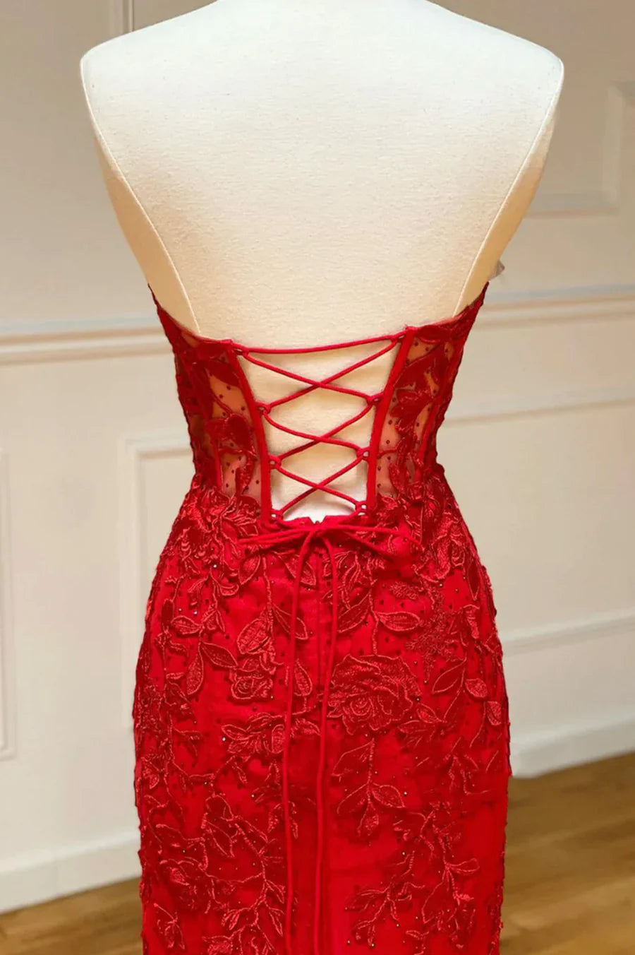 Vestido de fiesta largo de encaje rojo sin tirantes, vestido de noche estilo sirena TP472