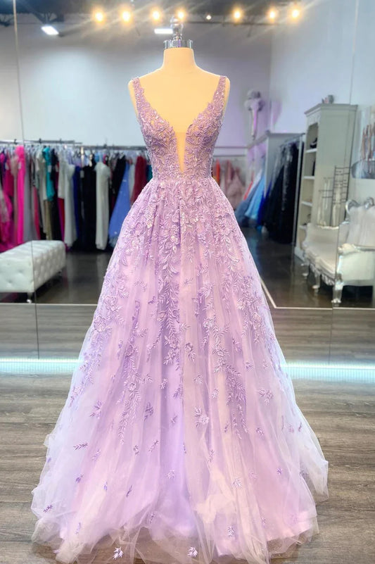 Vestido de fiesta largo de encaje morado con escote en V, vestido de noche formal morado de corte A TP474