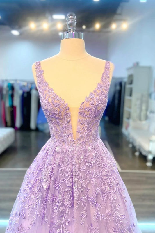 Vestido de fiesta largo de encaje morado con escote en V, vestido de noche formal morado de corte A TP474