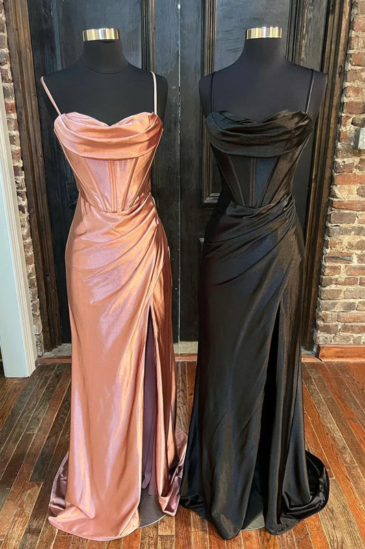 Vestido de fiesta largo de satén con corte sirena y tirantes finos, sencillo, con abertura, TP476