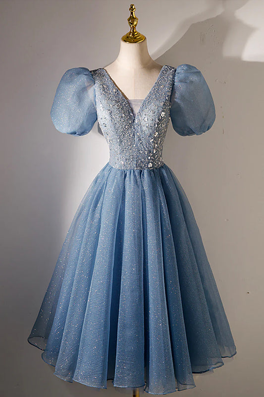 Vestido de fiesta corto con escote en V y lentejuelas, corte A, manga corta, azul, TP477