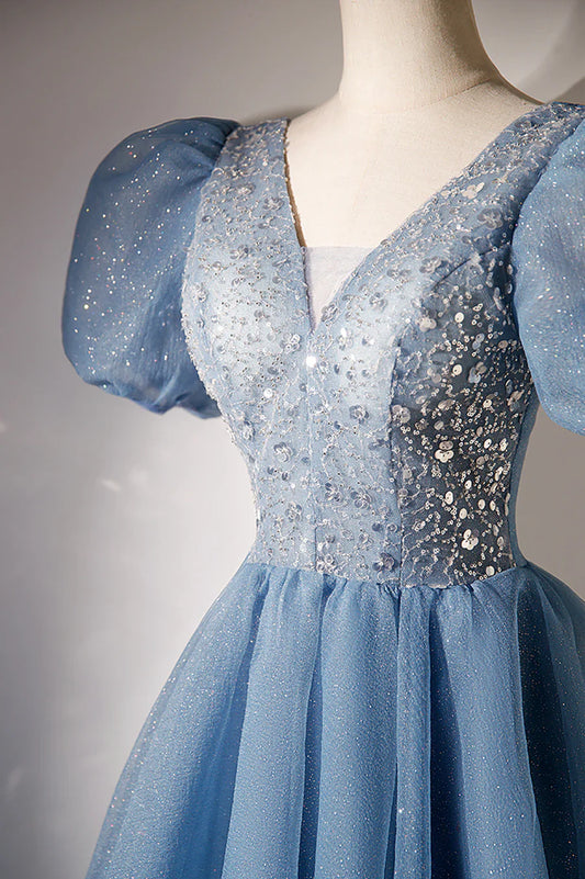 Vestido de fiesta corto con escote en V y lentejuelas, corte A, manga corta, azul, TP477