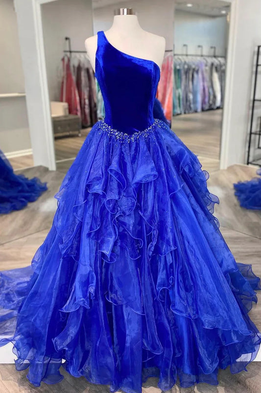 Vestido de fiesta de tul azul con un solo hombro y terciopelo, vestido de noche azul hasta el suelo TP478