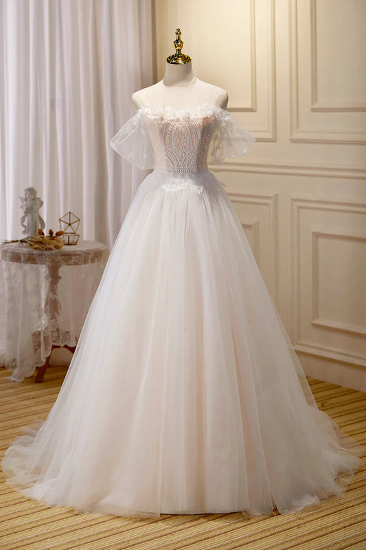 Champagne Lace Long A-line Prom Dress, Off the Shoulder Evening Dress TP479