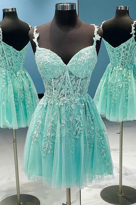 Vestido de fiesta corto de tul con encaje y corte en A, bonito vestido de fiesta con tirantes finos TP483