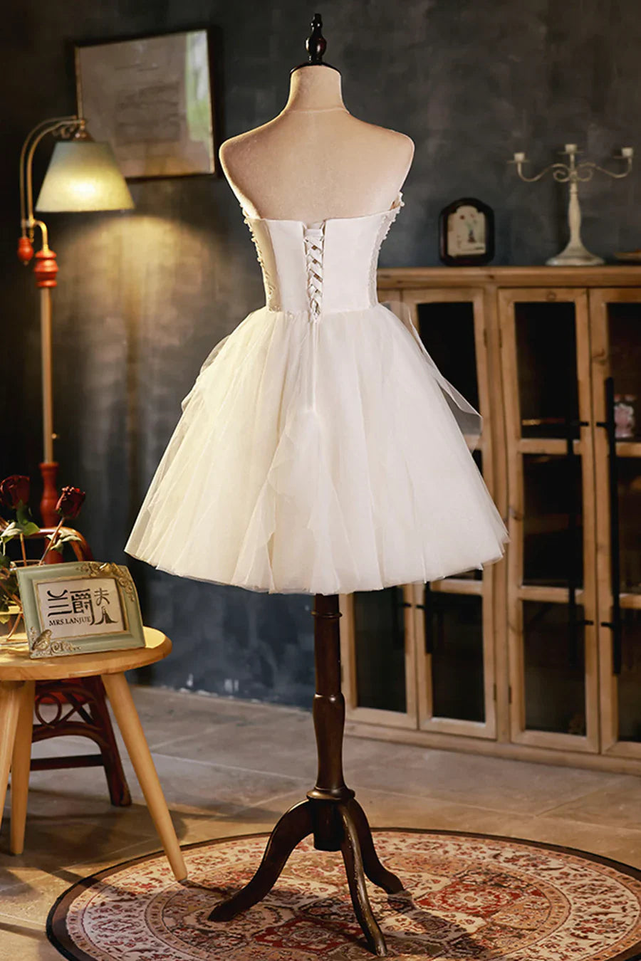 Vestido de fiesta champán, corte A, sin tirantes, vestido corto de bienvenida TP484
