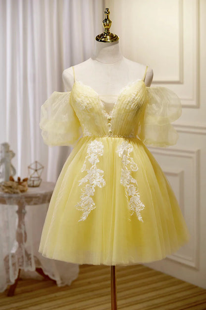 Vestido de fiesta corto de encaje amarillo, con hombros descubiertos, TP486
