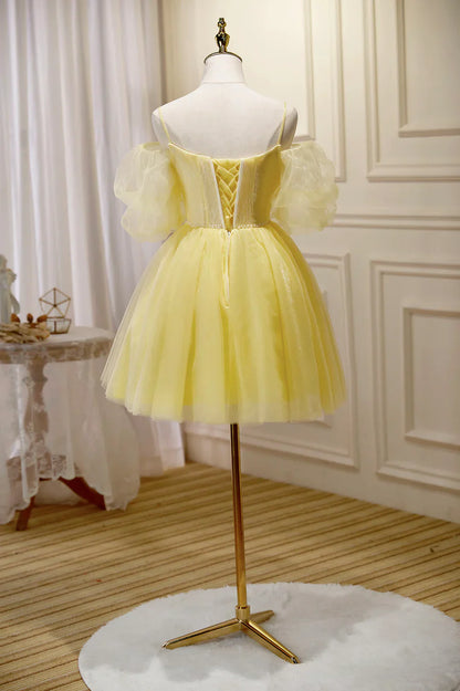 Vestido de fiesta corto de encaje amarillo, con hombros descubiertos, TP486