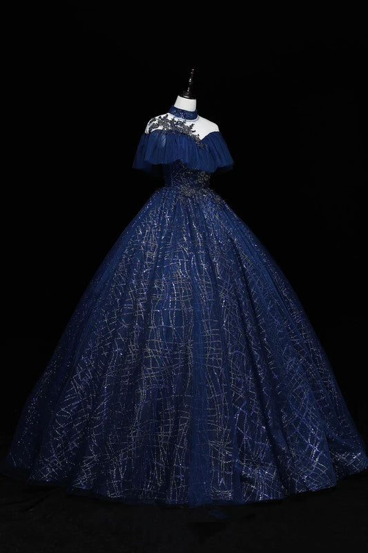 Vestido largo de tul azul con lentejuelas, elegante vestido formal de corte A TP488