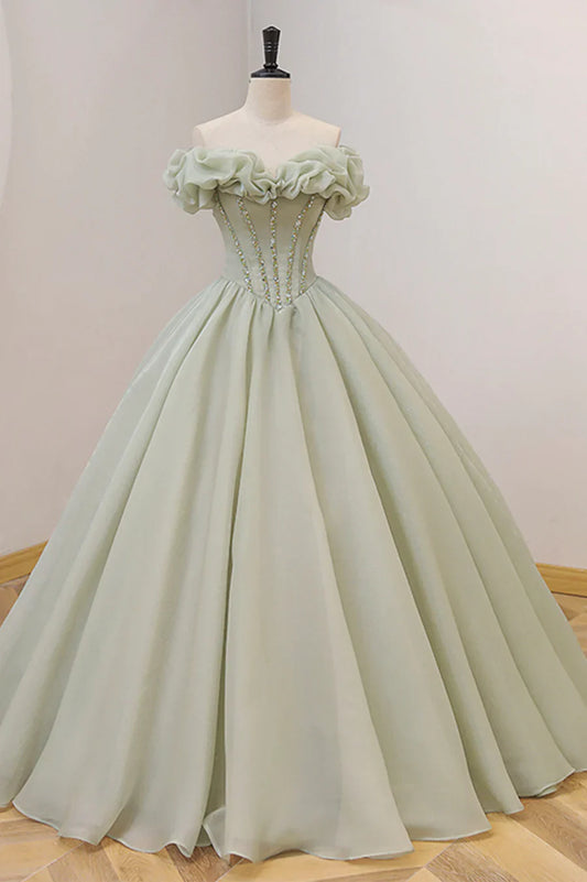 Vestido de noche verde de corte A con hombros descubiertos y cuentas TP489