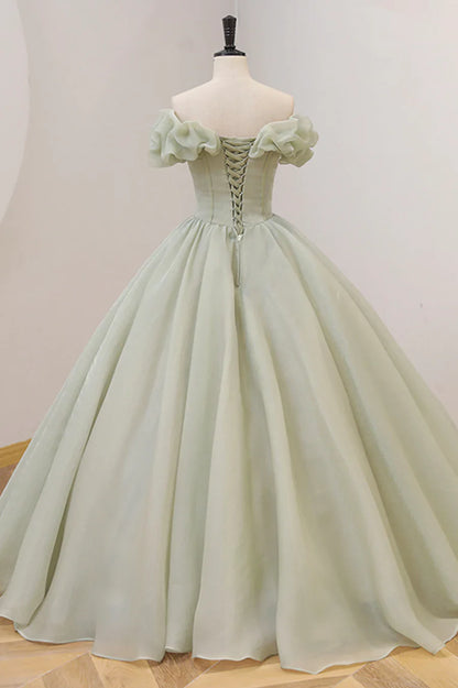 Vestido de noche verde de corte A con hombros descubiertos y cuentas TP489