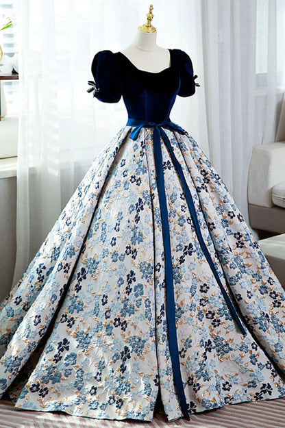 Blue Short Sleeve A-Line Floor Length Prom Dress, Blue Evening Dress TP490