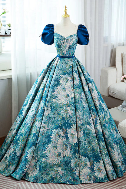 Blue Printed Long A-Line Prom Dress, Elegant Short Sleeve Formal Dress TP491