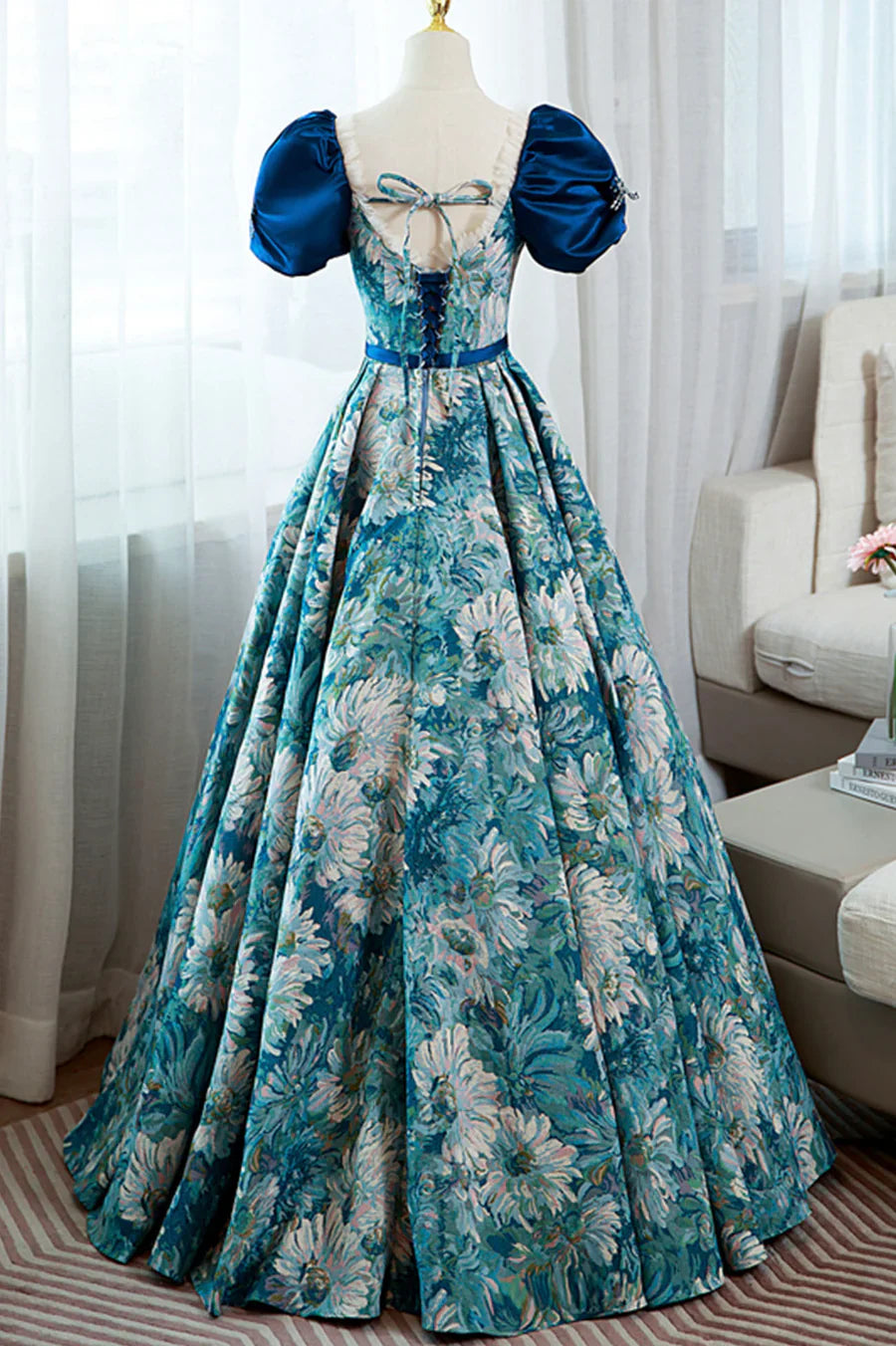 Blue Printed Long A-Line Prom Dress, Elegant Short Sleeve Formal Dress TP491