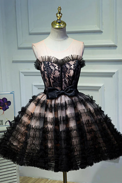 Vestido de fiesta corto de tul negro con capas, corte A, para fiesta de bienvenida TP493