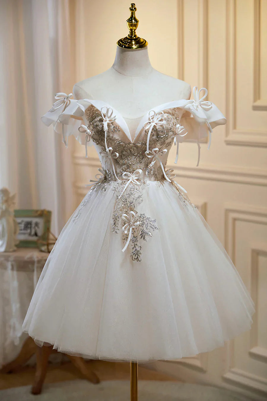 Champagne Lace Short Prom Dress, A-Line Homecoming Party Dress TP494