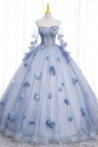 Vestido de fiesta de tul azul con mangas largas y corte A y hombros descubiertos TP495