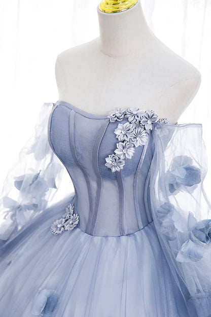 Vestido de fiesta de tul azul con mangas largas y corte A y hombros descubiertos TP495