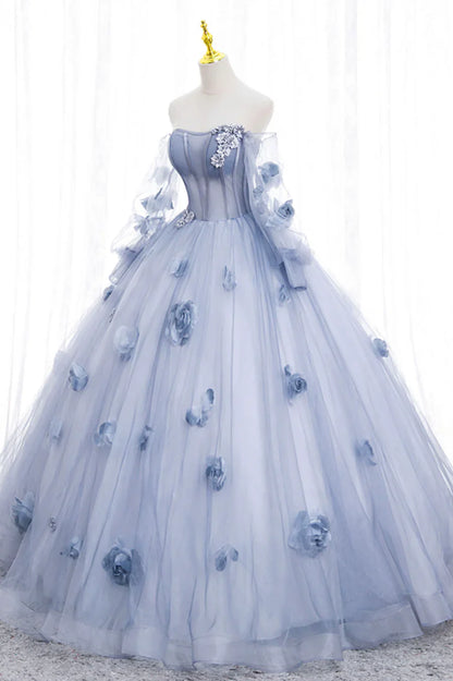 Vestido de fiesta de tul azul con mangas largas y corte A y hombros descubiertos TP495