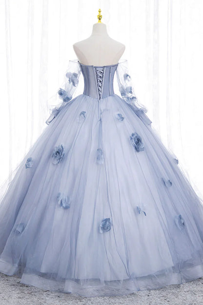 Vestido de fiesta de tul azul con mangas largas y corte A y hombros descubiertos TP495