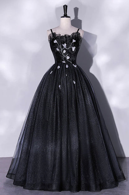 Vestido de noche largo de tul negro con corte A y tirantes finos negros TP497