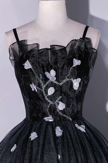 Vestido de noche largo de tul negro con corte A y tirantes finos negros TP497