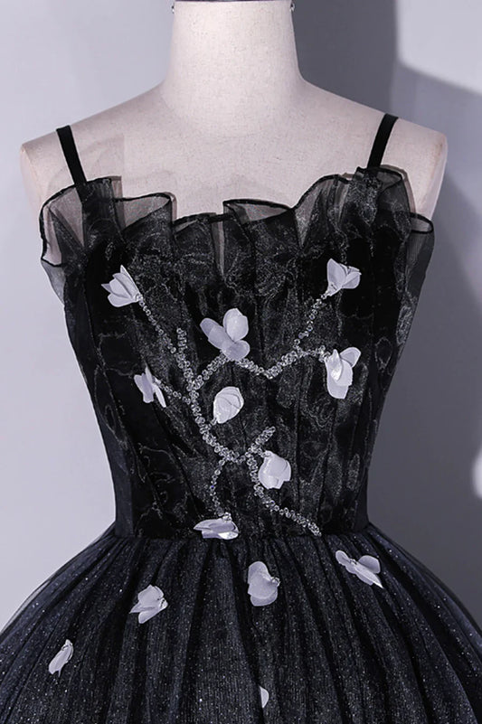 Vestido de noche largo de tul negro con corte A y tirantes finos negros TP497