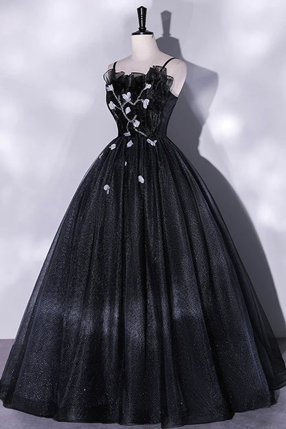 Vestido de noche largo de tul negro con corte A y tirantes finos negros TP497
