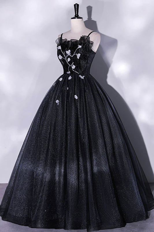 Vestido de noche largo de tul negro con corte A y tirantes finos negros TP497