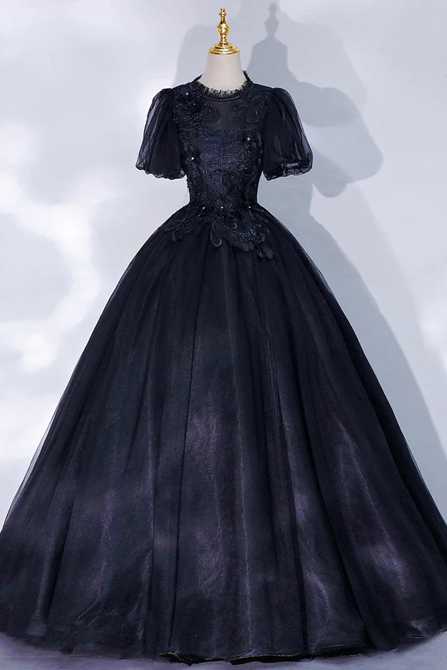 Black Tulle Lace Long A-Line Prom Dress, A-Line Short Sleeve Evening Gown TP498