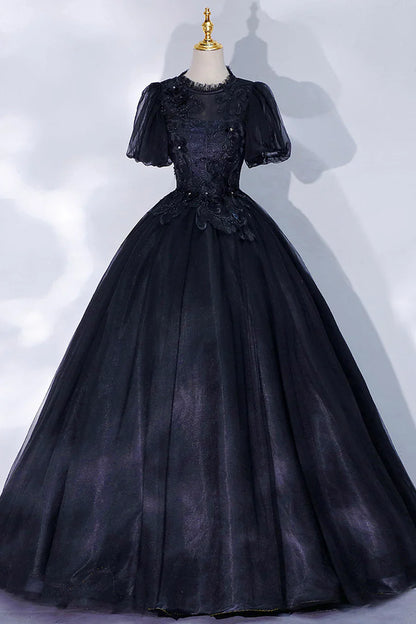 Black Tulle Lace Long A-Line Prom Dress, A-Line Short Sleeve Evening Gown TP498