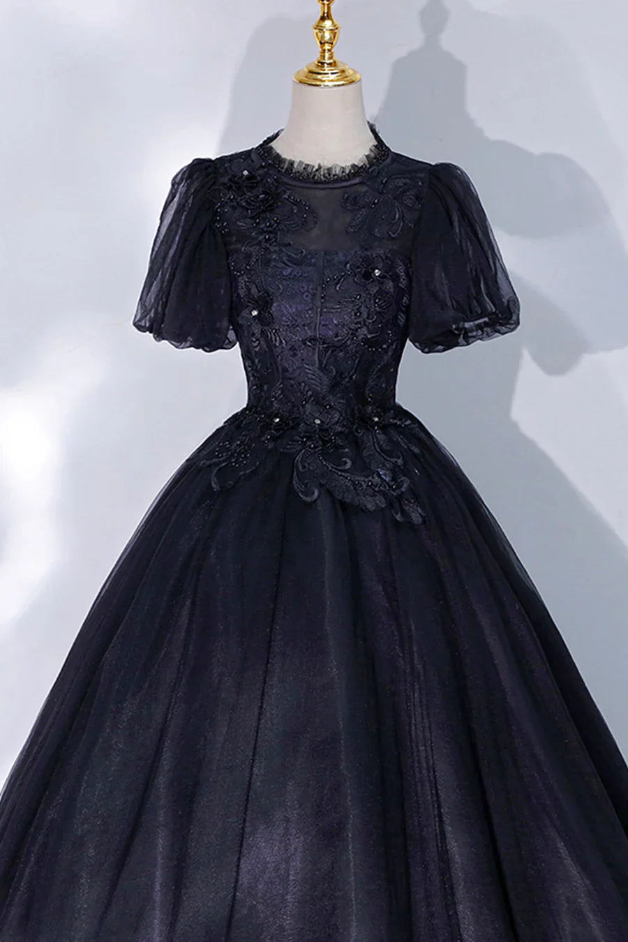Black Tulle Lace Long A-Line Prom Dress, A-Line Short Sleeve Evening Gown TP498